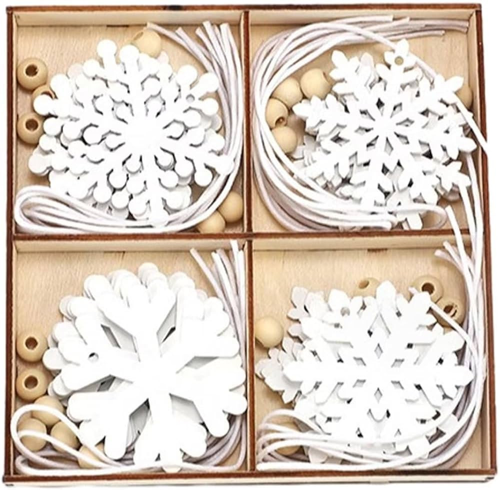 24PCS Wooden Snowflake Ornaments, White Hollowed Snowflake Christmas Tree Hanging Ornaments Rusti... | Amazon (US)