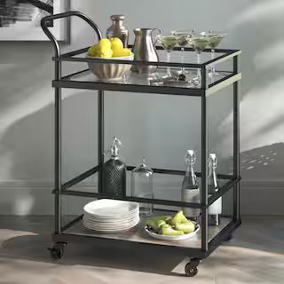 Nathan James Carter Modern Rolling Glass Bar 2-Tier Serving Cart Matte Black Metal Frame Oak Wood... | The Home Depot