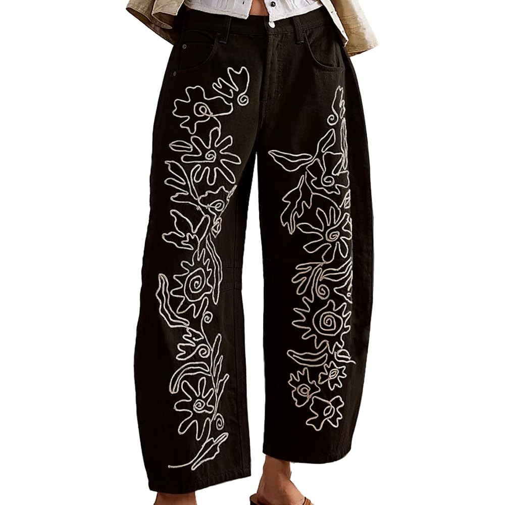 YSW Embroidered Mid Rise Jeans for Women Baggy Boyfriend Jean Boho Barrel Horseshoe Vintage Pants | Amazon (US)