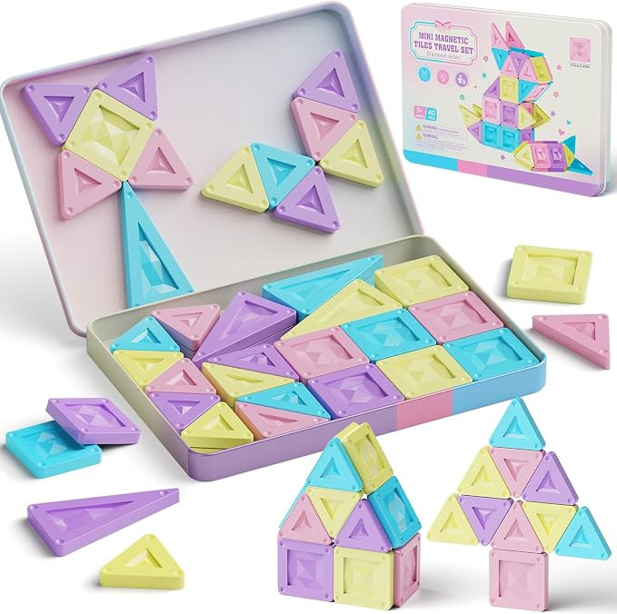 Travel Magnetic Tiles 40 Pcs for Girls, Lightweight Portable Tin Box with Macaron Colors Travel T... | Amazon (UK)