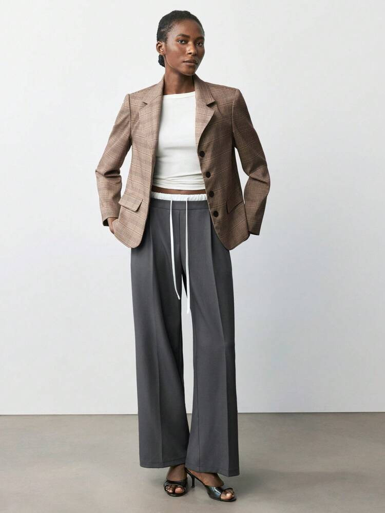 Maija 2025 Women's Contrast Color Drawstring Waist Toothpick Striped Design Straight Loose Pants Fall Clothes For Women , Fall Outfits Women , Halloween, Elegant, Goth, Classic Urban Pants,Black And White Color Blocking,Classic Urban Pants,Double Waistband Design, | SHEIN