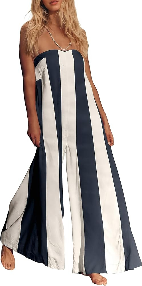 Striped Wide Leg Jumpsuits for Women Summer Beach Strapless Long Romper Sleeveless Off Shoulder O... | Amazon (US)