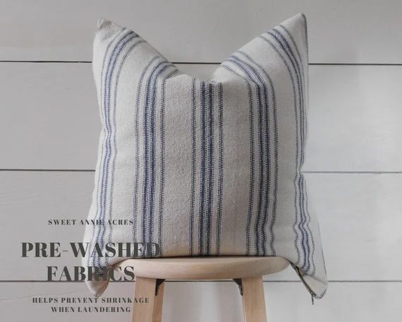 Grain Sack Blue Stripe Pillow Cover | Farmhouse Pillow Cover | Ticking Pillow Cover | Blue 12 Str... | Etsy (US)