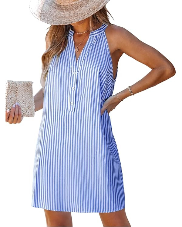 CUPSHE Womens Summer Dresses V Neck Sleeveless Striped Button Up Mini Casual Coverup Dress | Amazon (US)