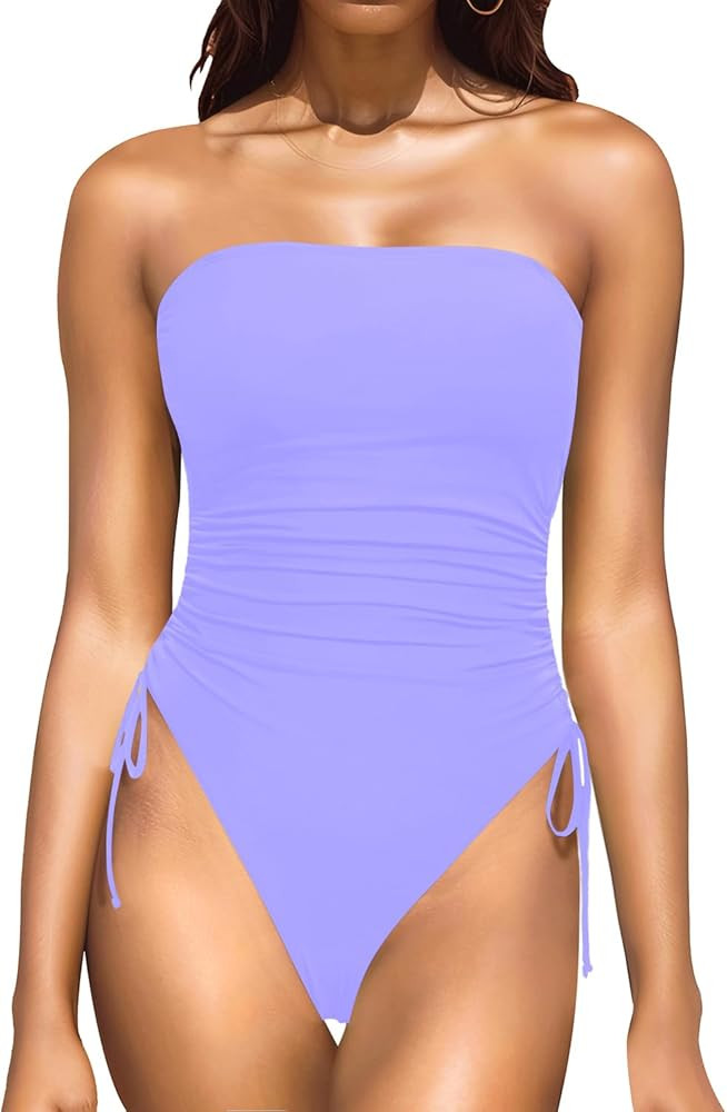 Yonique Women Strapless One Piece Swimsuit Tummy Control Bandeau Bathing Suit Cheeky Swimwear | Amazon (US)