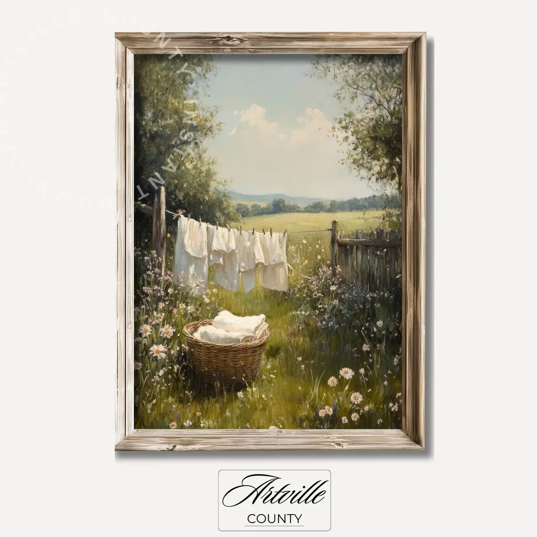 Farmhouse Laundry Day Print, Printable Country Landscape Painting, Vintage Laundry Room Art, Farm... | Etsy (US)