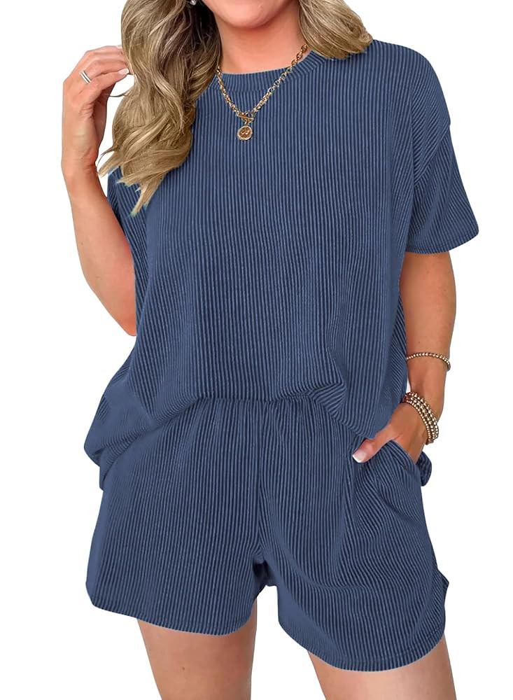 miduo Womens 2 Piece Sets Ribbed Textured Knit Casual Short Sleeve Shirts Shorts Two Piece Lounge... | Amazon (US)