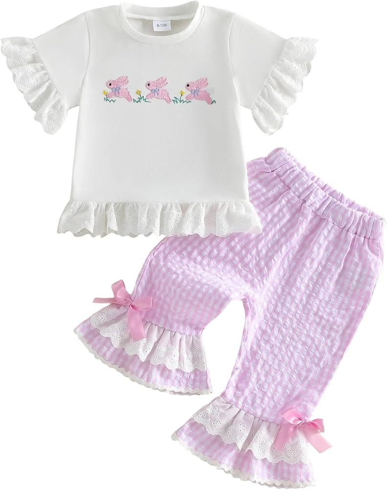 Easter Baby Girl Outfit Bunny Short Sleeve Tops Plaid Bell Bottoms Flared Pants Set Toddler Summe... | Amazon (US)