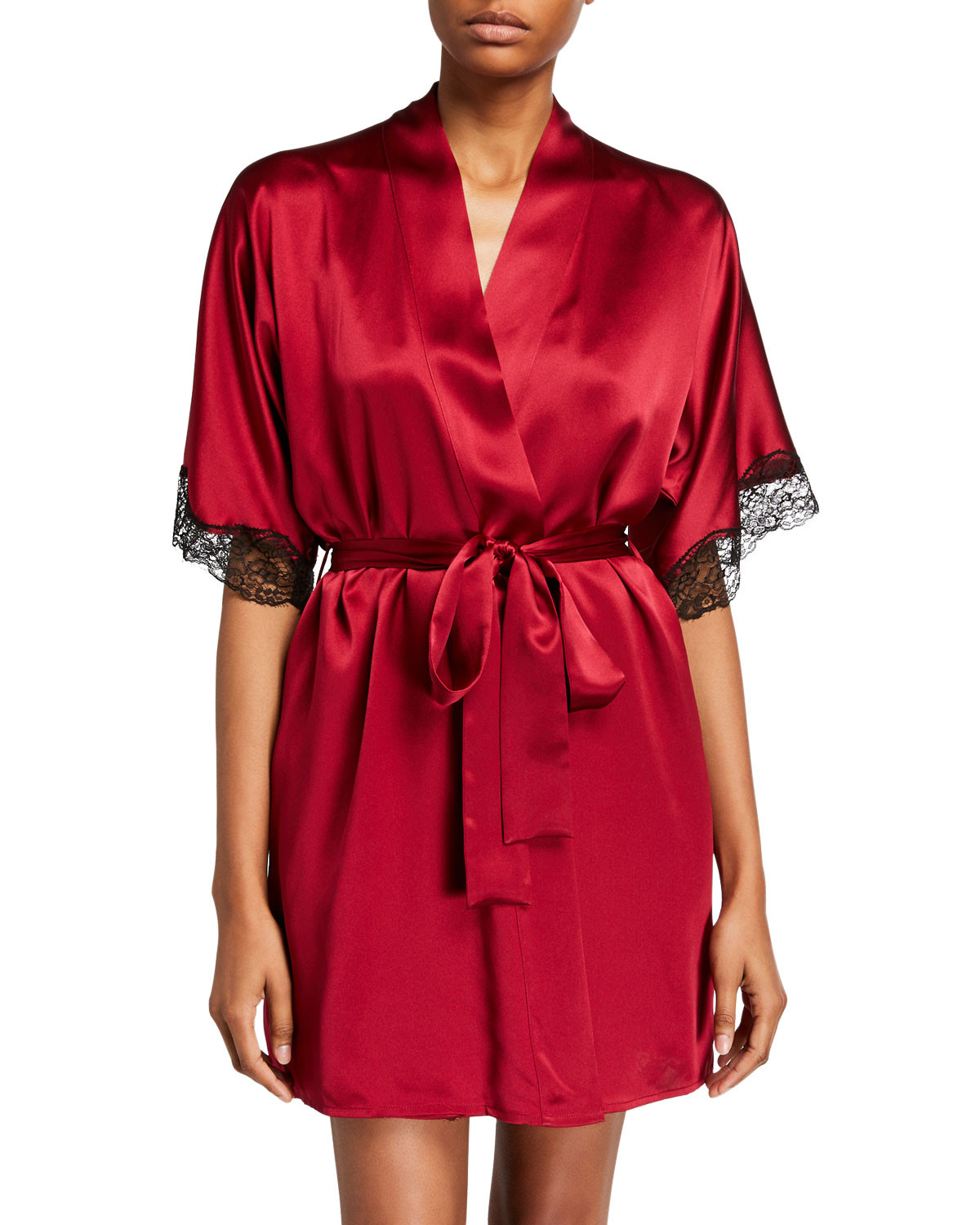 Bijoux Silk Short Robe w/ Lace Trim | Neiman Marcus
