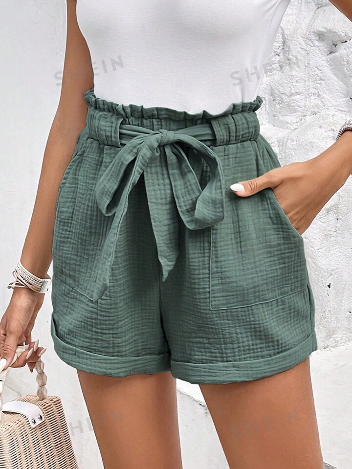SHEIN Frenchy Paperbag Waist Roll Up Hem Belted Shorts | SHEIN