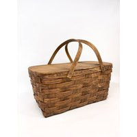 Vintage Picnic Basket, Wooden Wicker Sewing Basket With Lid, Handles, Modern Farmhouse Decor | Etsy (US)