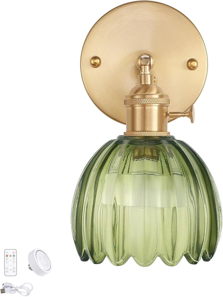 Vintage Battery Operated Wall Sconce with Green Tulip Glass Lampshade Rechargeable Battery Powere... | Amazon (US)