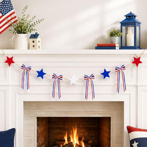 Craflox Memorial Day Decorations Patriotic Garland Banner, 4th of July Red White and Blue Star Bow Hanging Decor, Rustic Farmhouse Independence Day Mantel Wall Porch Decor | Amazon (US)