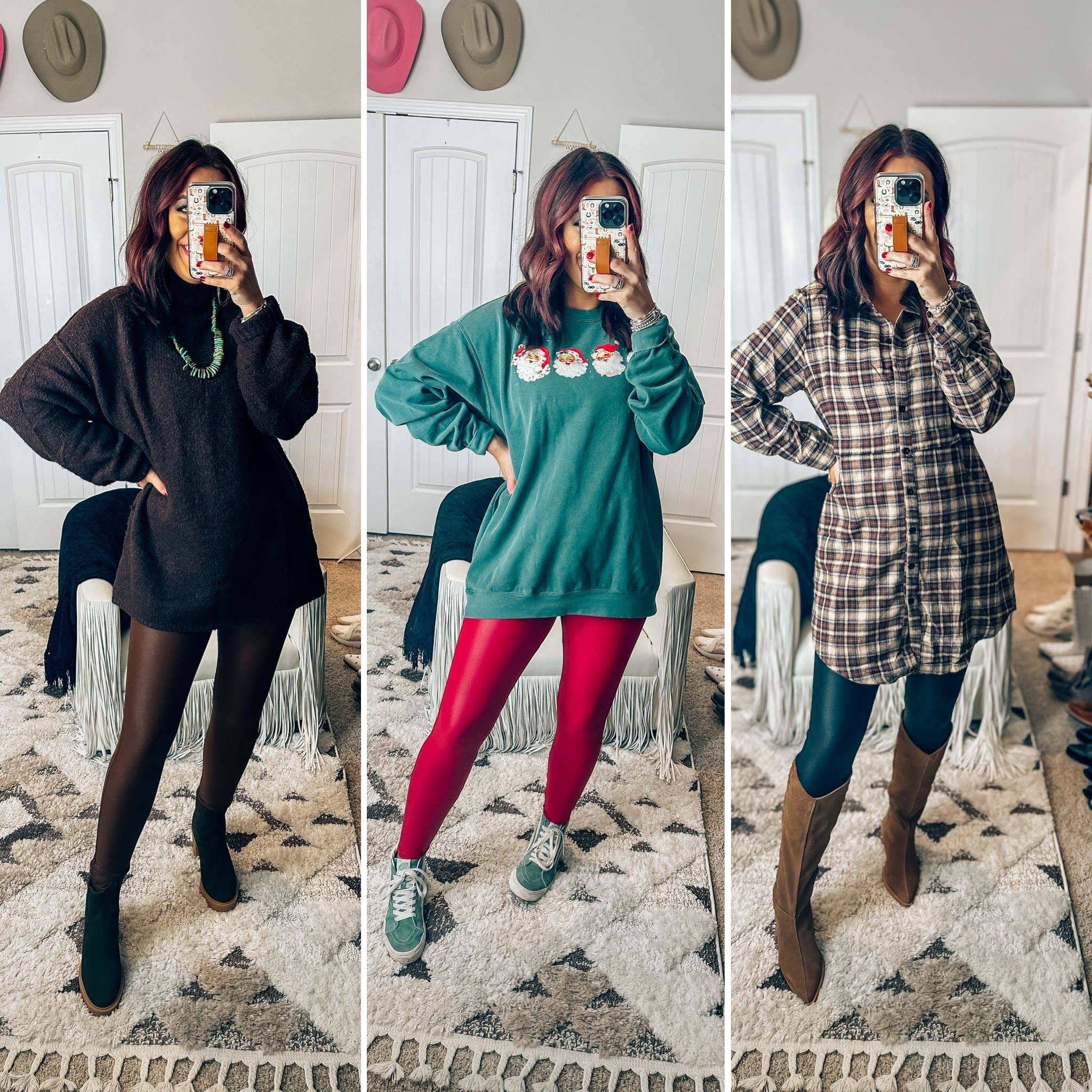 3 Amazon outfits styling faux leather leggings - thanksgiving outfit - Christmas outfit - budget friendly - in a medium in the leggings , small in the choc. Sweater , small in the plaid and a large in the Santa 


#LTKGiftGuide #LTKHoliday #LTKSeasonal