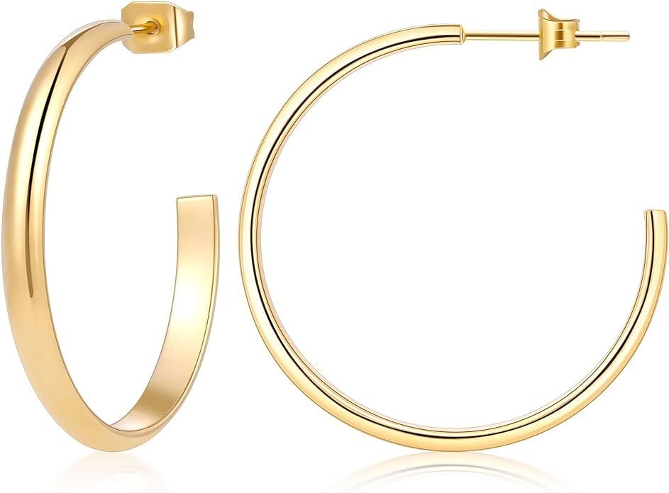 sovesi Gold Hoop Earrings for Women 14K Gold Plated, 3mm Chunky Gold Hoop Earrings, Hypoallergeni... | Amazon (US)