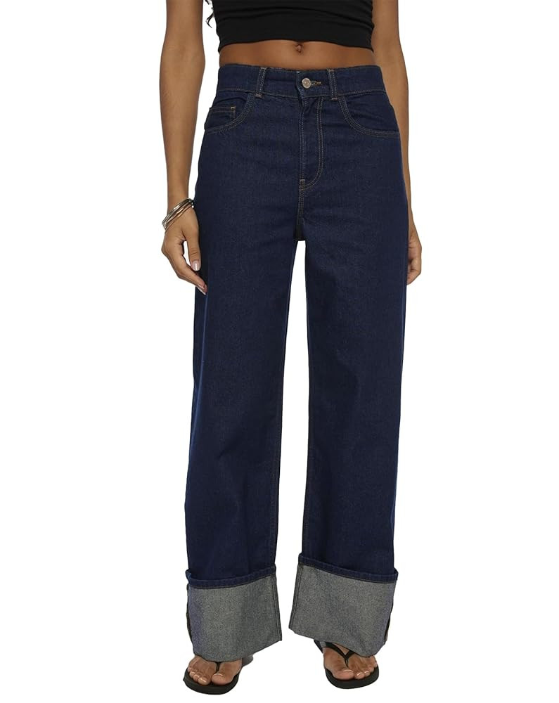 Wide Leg Jeans Woman Cuffed Mid Rise Straight Leg Jeans Loose Boyfriend Baggy Denim Pants with Po... | Amazon (US)