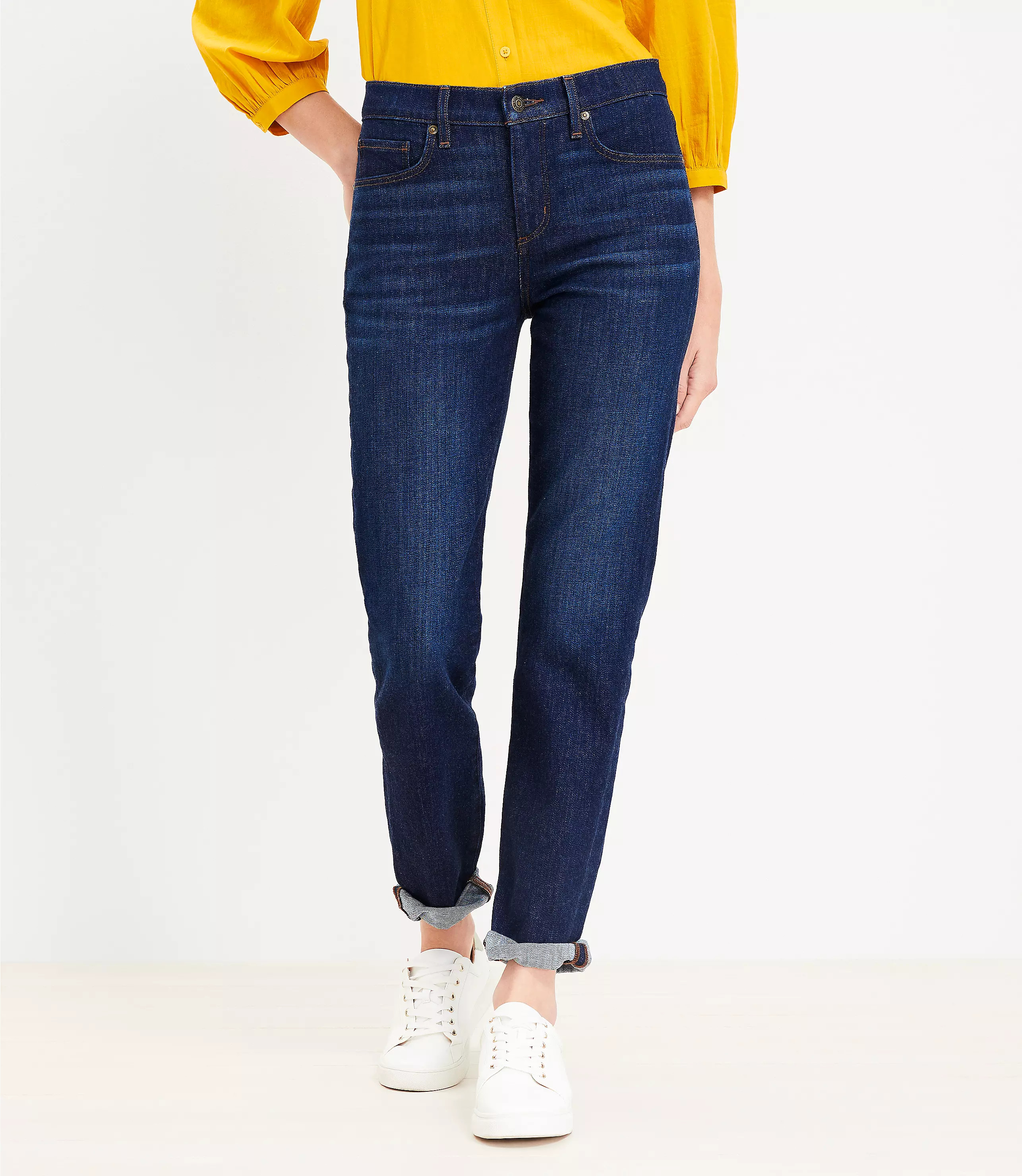 Petite Girlfriend Jeans in Classic Dark Indigo Wash | LOFT