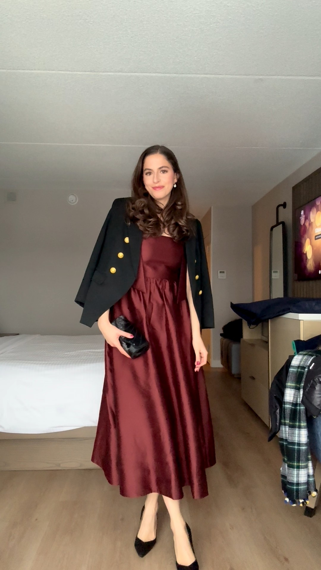 Winter wedding guest dress, winter wedding, tuckernuck dress, south bend Indiana, wedding, burgundy dress, midi dress, maxi dress, dress with bows, double breasted blazer, black heels, Sarah flint, comfortable heels, comfortable wedding shoes, winter wedding guest, tuckernuck dress

#LTKSeasonal #LTKWedding #LTKTall