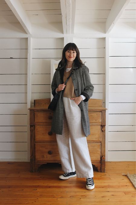 SUPIMA MICRO RIB LONG SLEEVE 
SWEATER VEST
LINEN TROUSERS
70’S HIGH TOPS (true to size)
HOUNDSTOOTH COAT (vintage)
CROSSBODY BAG (old)

#LTKSeasonal