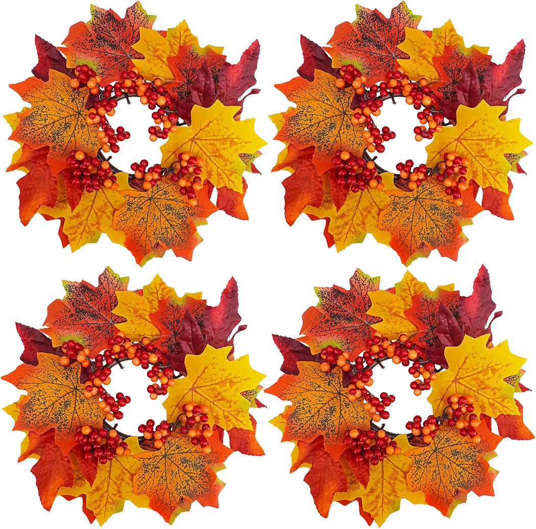 Winlyn 4 Pcs Artificial Maple Leaves and Berries Candle Rings Fall Candle Holders Small Candle Wr... | Amazon (US)