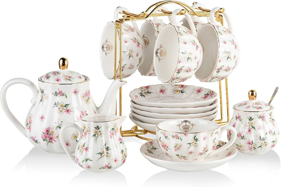 Amazon.com | Sweejar Porcelain Tea Sets British Royal Series, 8 OZ Cups & Saucer Service for 6, w... | Amazon (US)