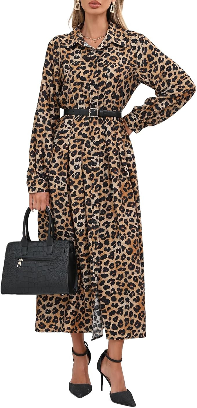 Women's Leopard Printed Maxi Dress Long Sleeve Button Down Shirt Dresses with Belt | Amazon (US)