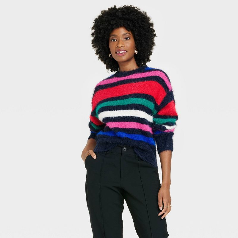 Women&#39;s Crewneck Fuzzy Pullover Sweater - A New Day&#8482; Striped XS | Target