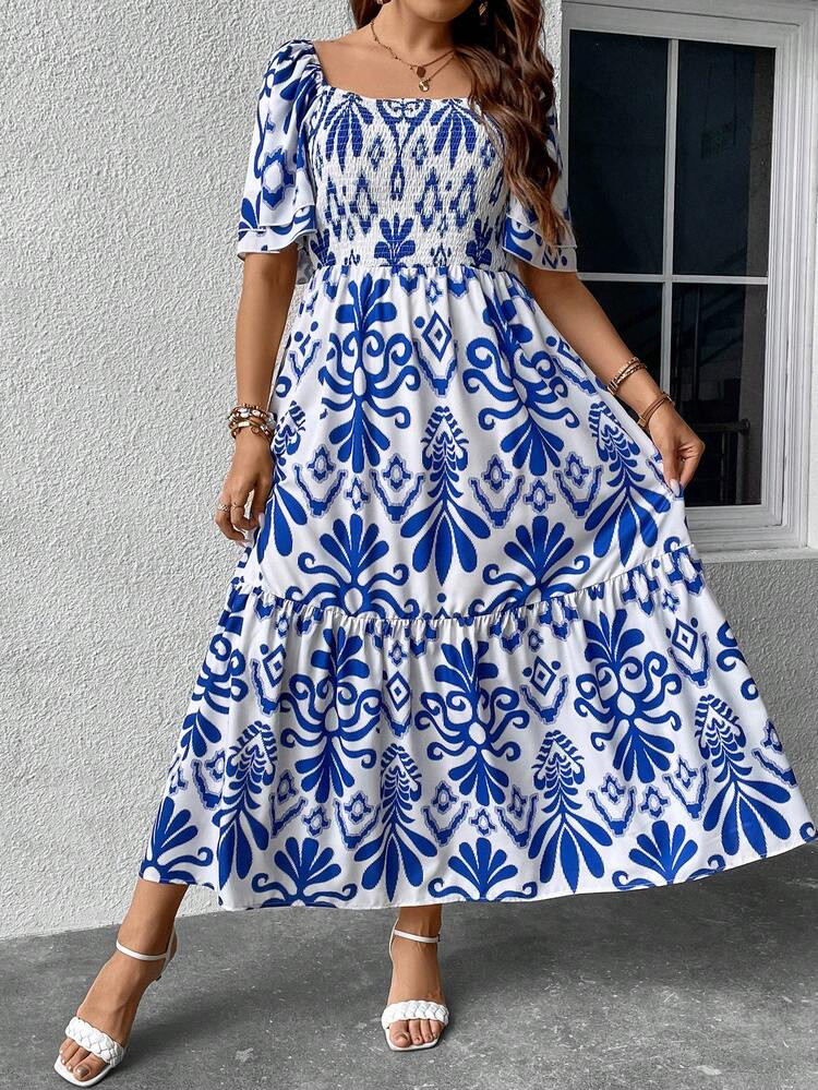 Plus Allover Print Square Neck Butterfly Sleeve Ruffle Hem Dress | SHEIN