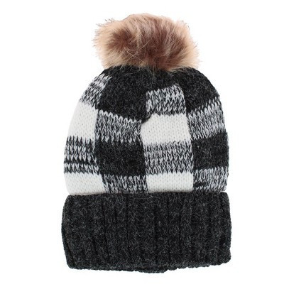CTM Women's Buffalo Plaid Knit Winter Beanie Hat with Synthetic Pom, Black | Target