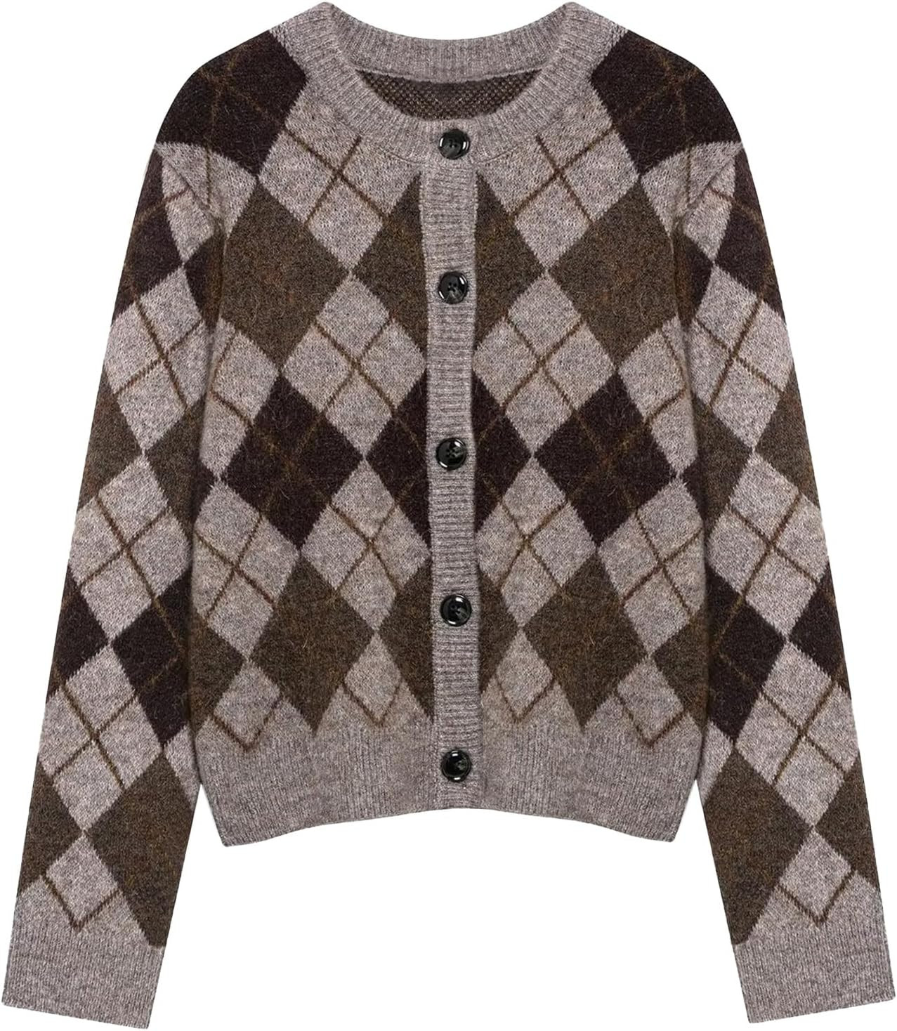 Womens Argyle Preppy Cardigan Sweater Button Down Elegant Sweater | Amazon (US)