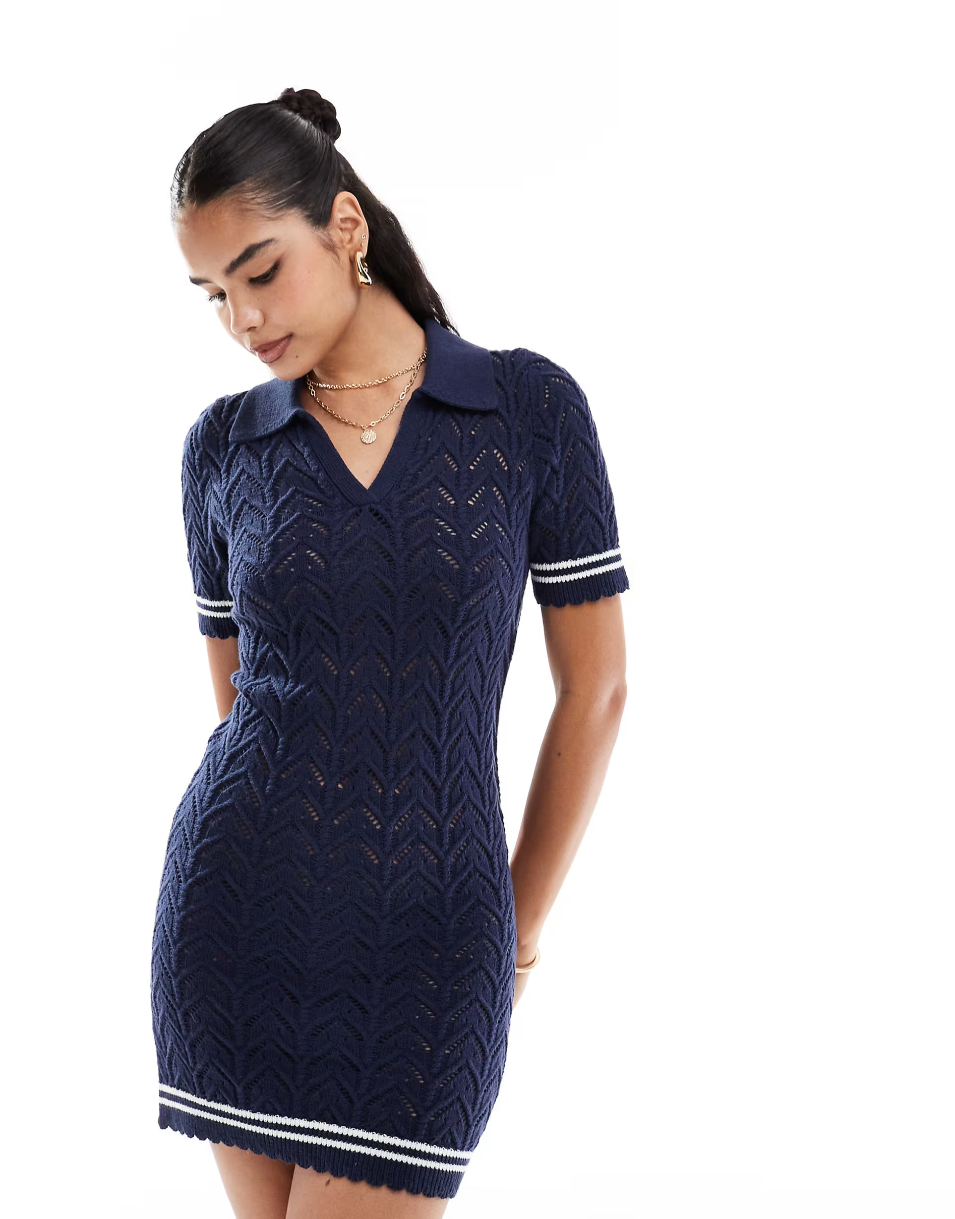 Miss Selfridge crochet contrast polo collar mini dress in navy blue | ASOS (Global)