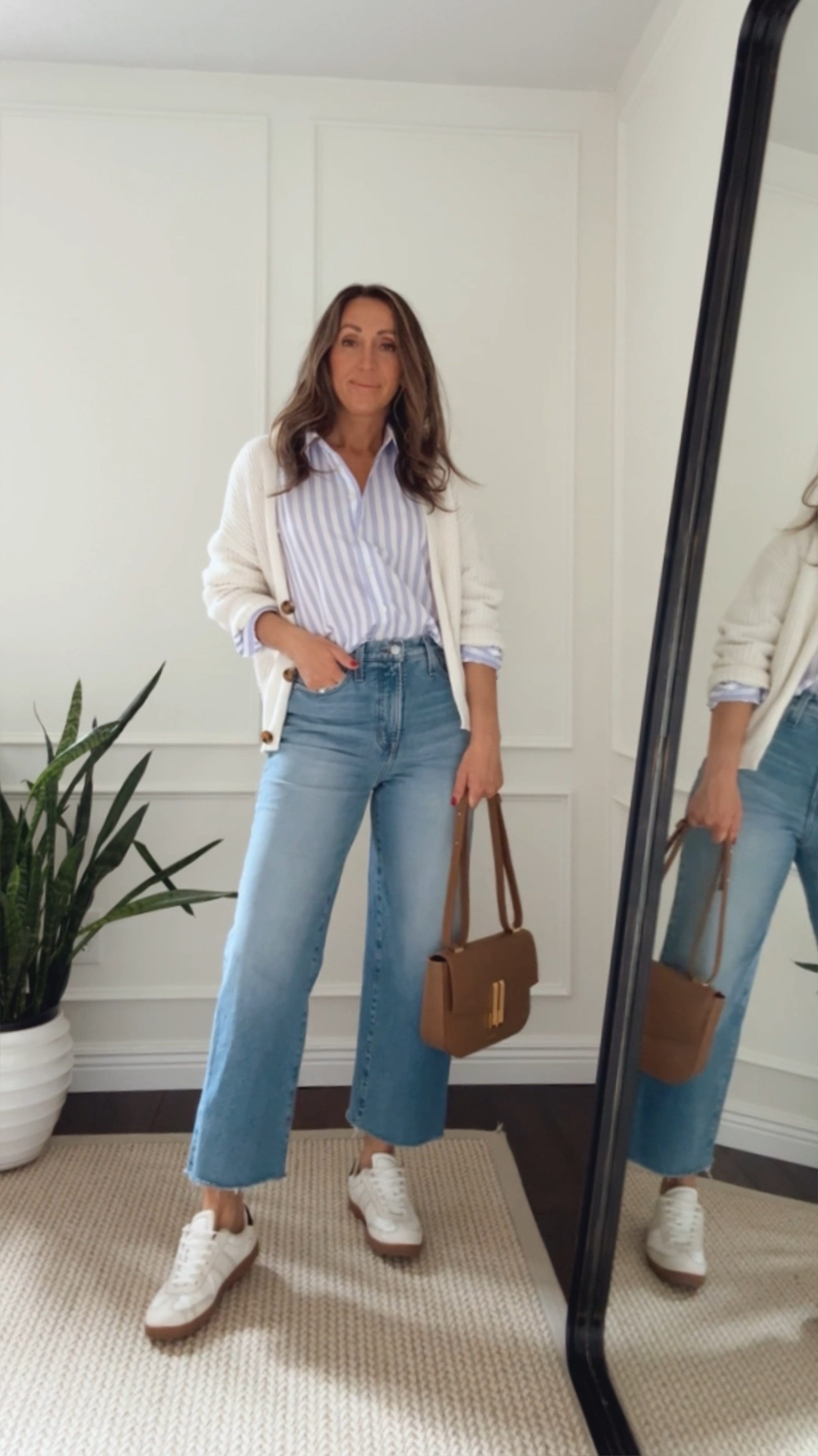 Jeans tts 
I sized up in the button down for a roomier fit. 
Sneakers tts 
Cardigan old but linking almost identical ones. 
Bag color is Deep Toffee. Comes in a ton of gorgeous colors.  

#LTKSeasonal #LTKshoecrush #LTKsalealert