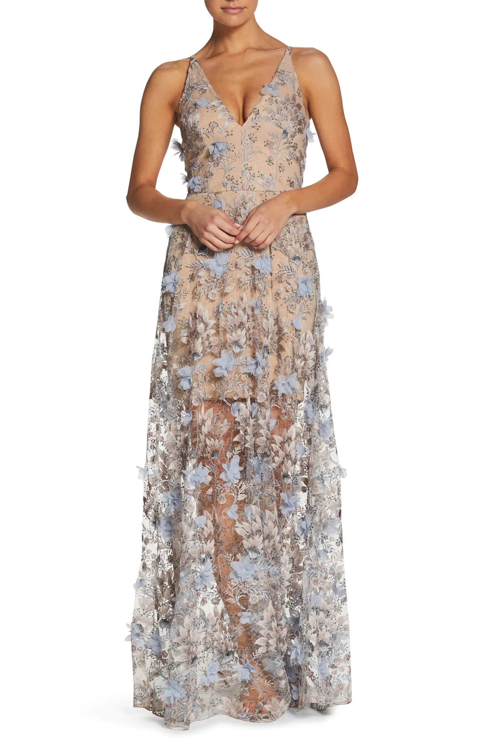 Dress the Population Sidney Deep V-Neck 3D Lace Gown | Nordstrom | Nordstrom