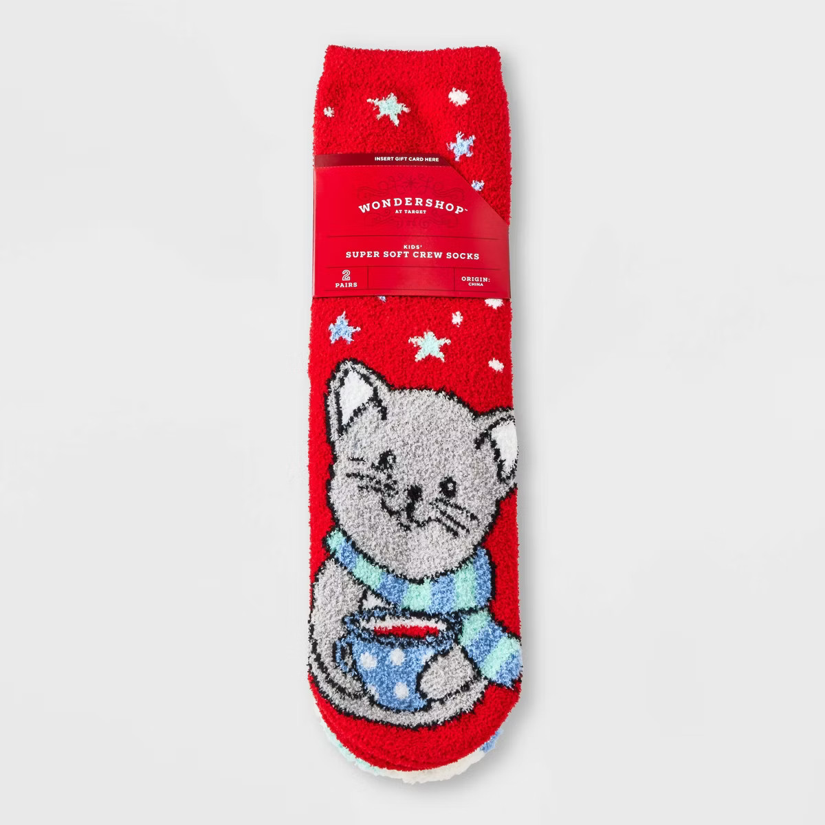 Kids' 2pk Cat Cozy Crew Socks with Gift Card Holder - Wondershop™ Red/White | Target