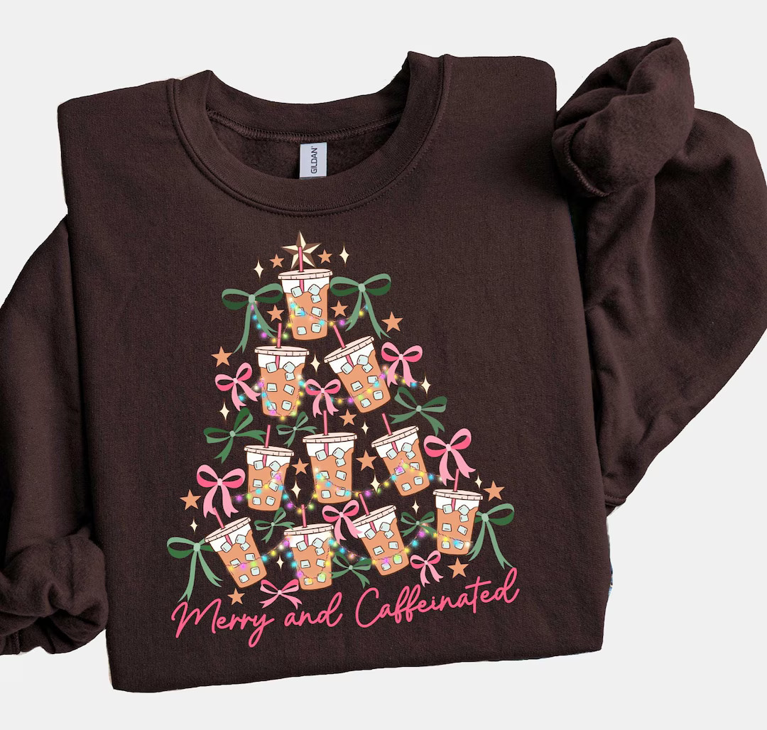 Funny Christmas Sweatshirt, Merry and Caffeinated T Shirt, Coffee Christmas Shirt, Christmas Tree... | Etsy (US)