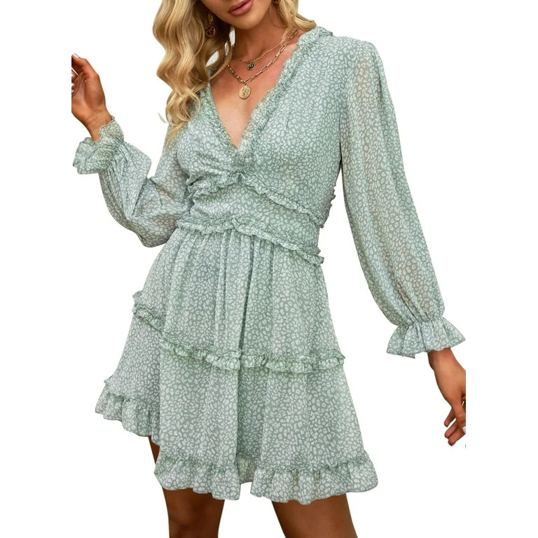 Dearlove Dresses for Women 2023 Deep V Neck Ruffle Backless Long Sleeve Floral Print Mini Sundres... | Walmart (US)