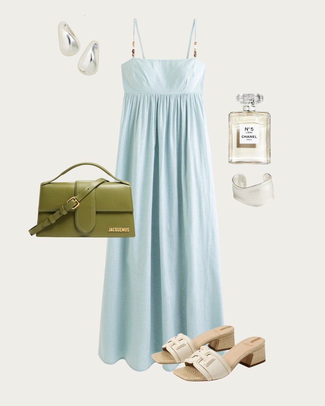 Pastel Blue with an Olive Pop
Soft meets striking — a light blue sundress paired with an unexpected olive Jacquemus bag and woven ivory heels. Finished with silver jewelry and a spritz of Chanel N°5 for that clean summer luxury.

#LTKItBag #LTKStyleTip #LTKSeasonal