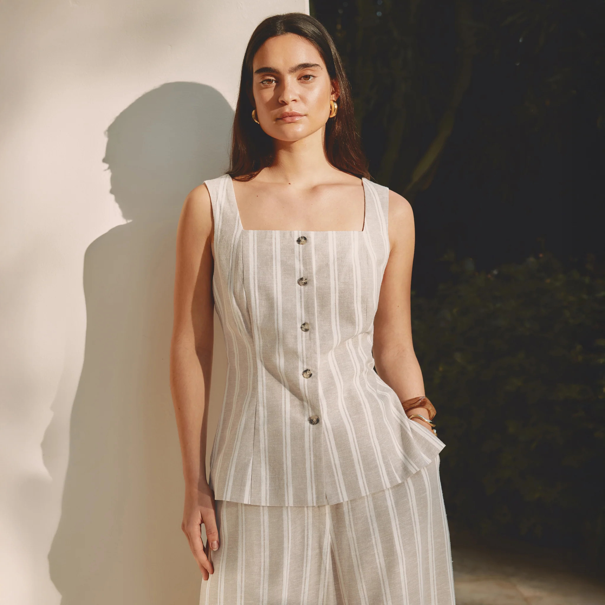 Linen Stripe Square Neck Button Top | Albaray