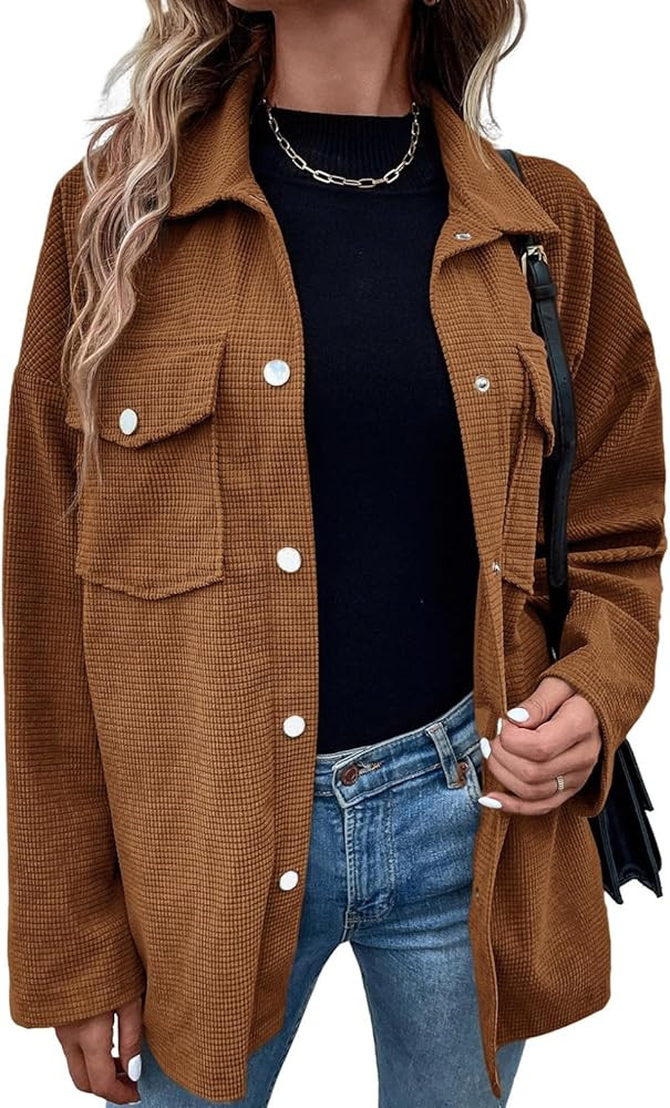 Astylish Womens Waffle Knit Long Shacket Jacket Oversized Casual Blouses Button Down Collared Dre... | Amazon (US)