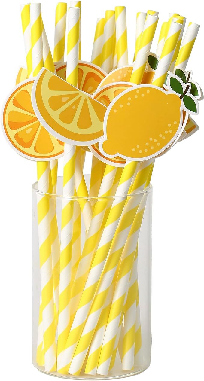 Lemon Biodegradable Paper Straws，Lemon Birthday Party Striped Decorative Straws - Set of 20. | Amazon (US)