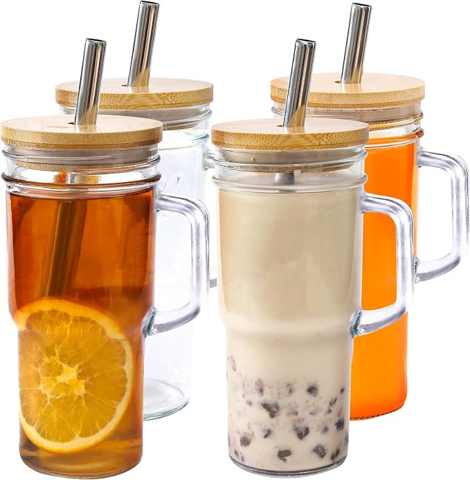 24oz Glass Cups with Lids and Straws - Glass Tumbler cup with bamboo lids and straw iced coffee c... | Amazon (US)