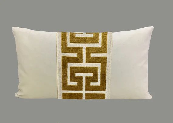 Off White Velvet Lumbar Pillow Cover With Large Gold Greek Key - Etsy | Etsy (US)