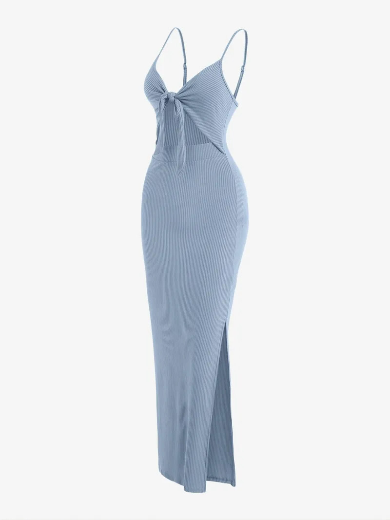 Sexy Spaghetti Strap Ribbed Knot Cutout Side Split Maxi Dress Solid Body Con Dress For Spring Fal... | Temu Affiliate Program