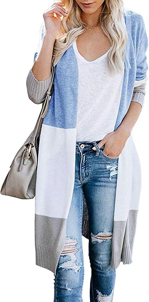 KIRUNDO Women's 2024 Fall Open Front Cardigan Striped Color Block Long Sleeve Lightweight Long Kn... | Amazon (US)