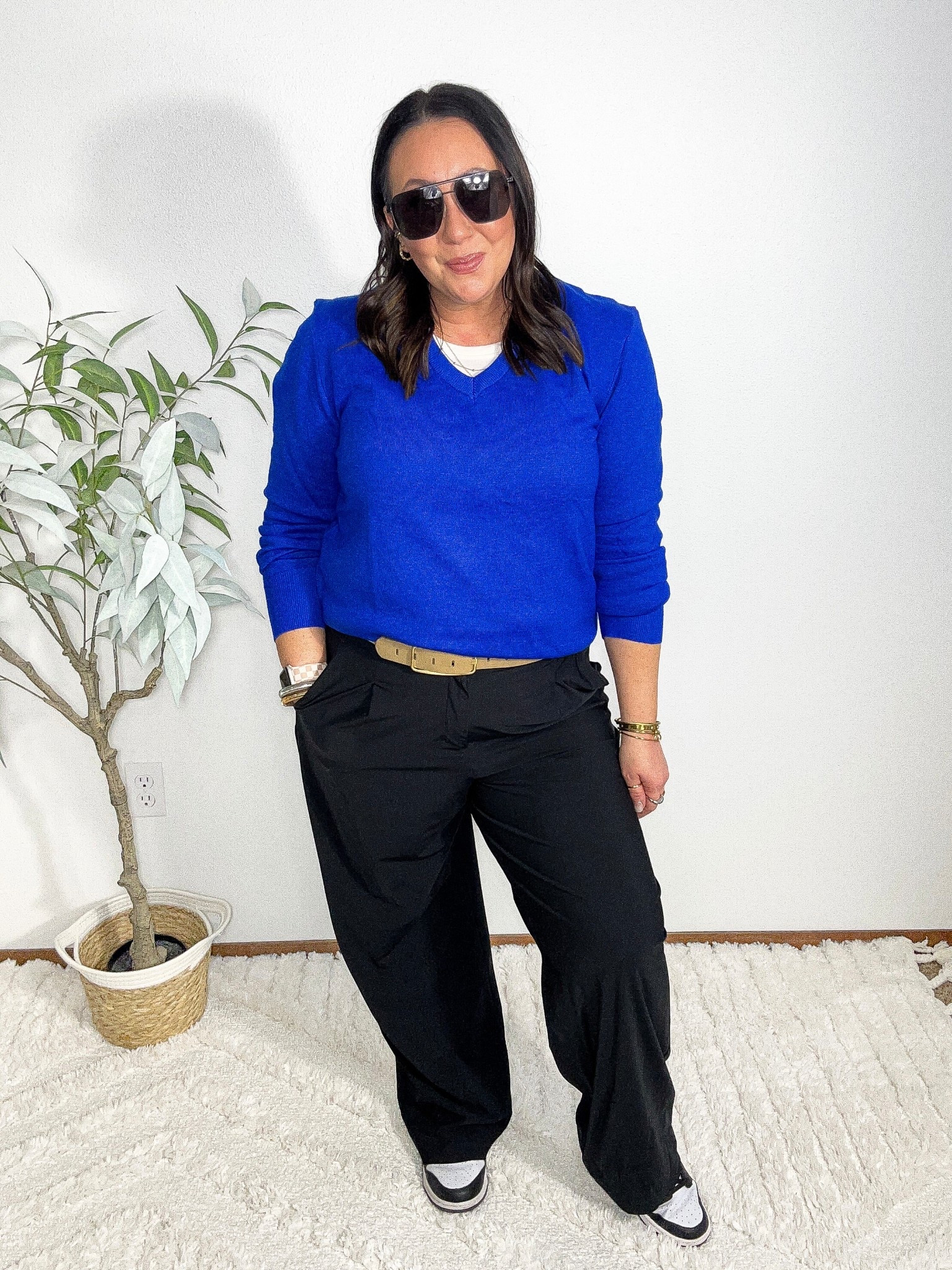 XL @amazon v neck sweater. Love the color but don’t love the material. The shoulders also stick up a little too much for me. Large regular trousers from @oldnavy. Personal faves. XL belt. @nike dunks run true to size.  

#LTKMidsize #LTKFindsUnder50 #LTKOver40