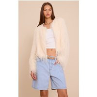 Cream Collarless Fringe Jacket | PrettyLittleThing US