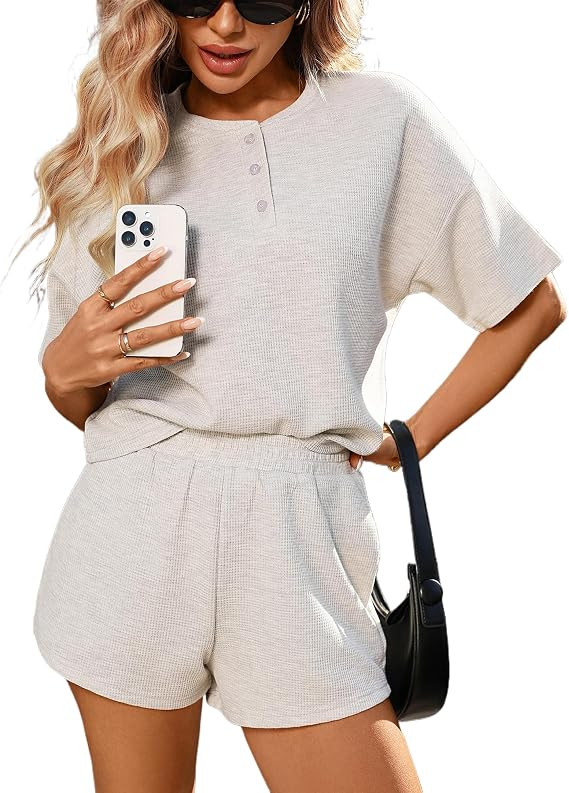 2 Piece Sets for Women Summer Waffle Knit Lounge Short Set Matching Outfits (White Grey, X-Large) | Amazon (US)