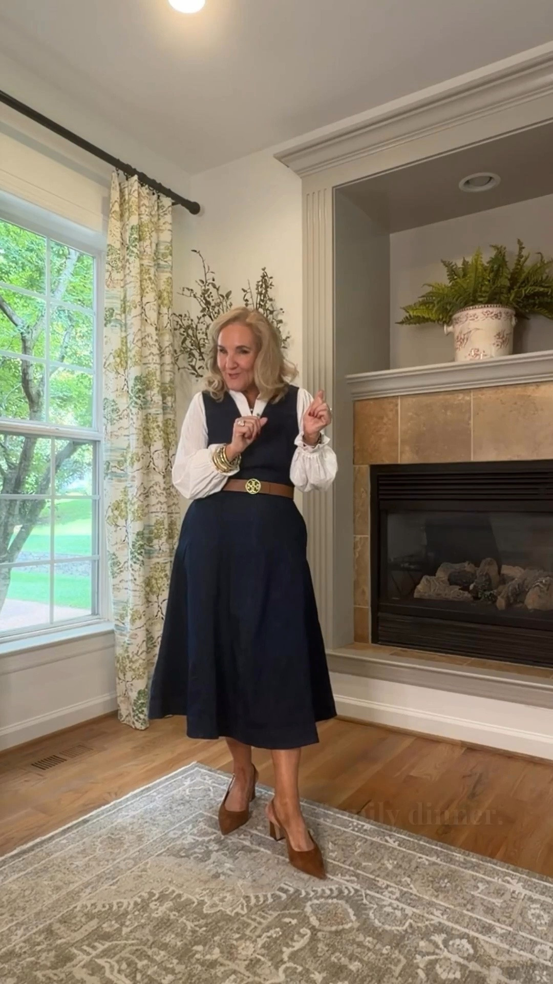 Tap the bell 🔔, heart ❤️ this post, and save for later!

This navy dress gets an instant classic update with a crisp white blouse underneath and a simple belt at the waist. The defined waist and full midi skirt create a flattering, feminine silhouette, while the pointed heels keep the look polished and sophisticated. It’s a beautiful combination for church, lunch, dinner, or any occasion where you want to feel dressed without being overly formal.

Fit note: Blouse and denim dress on medium

#LTKgrwm #LTKootd #LTKOver40