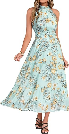 Simplee Womens Summer Halter Wedding Guest Dress Maxi Floral Vacation Boho Sundresses Flowy Forma... | Amazon (US)