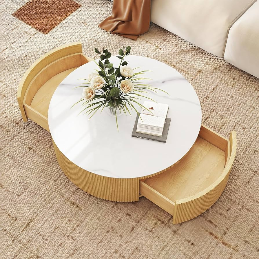 Modern Round Marble Coffee Table with Drawers,33.47" White Sintered Stone Drum Storage Coffee Tab... | Amazon (US)